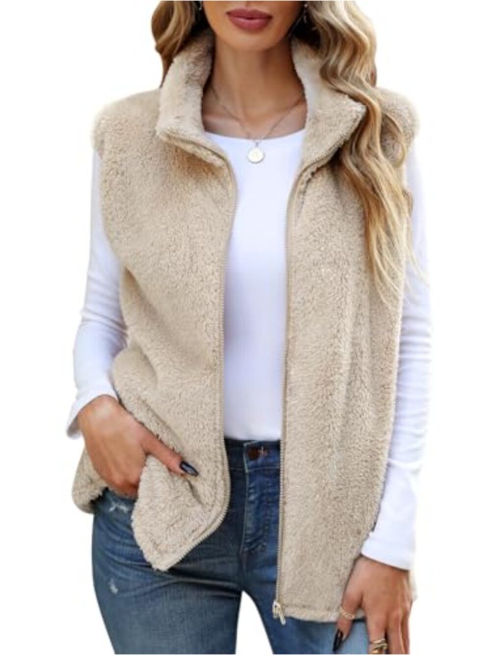 Women's Fleece Zip Vest - Lightweight Sleeveless Jacket with Pockets, Sherpa